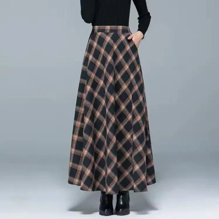 Flared High Waist Solid Wool Elastic A-Line Maxi Skirt