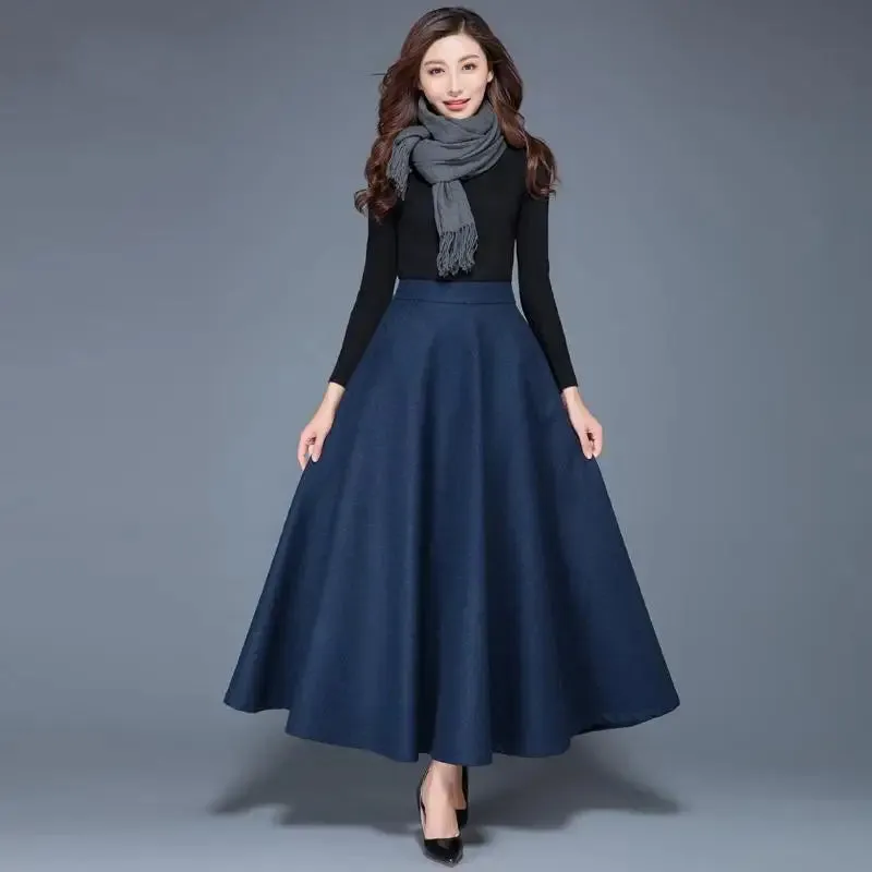 Flared High Waist Solid Wool Elastic A-Line Maxi Skirt