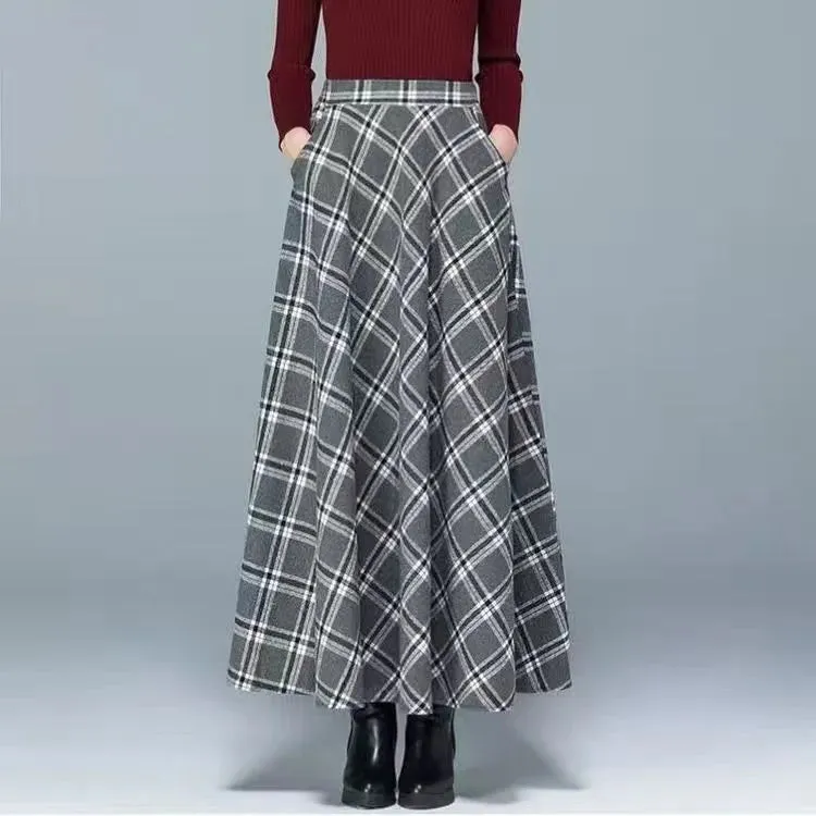 Flared High Waist Solid Wool Elastic A-Line Maxi Skirt