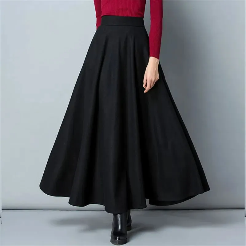 Flared High Waist Solid Wool Elastic A-Line Maxi Skirt