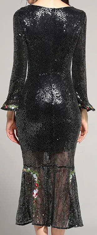 Floral-Embroidered Embellished Midi Dress