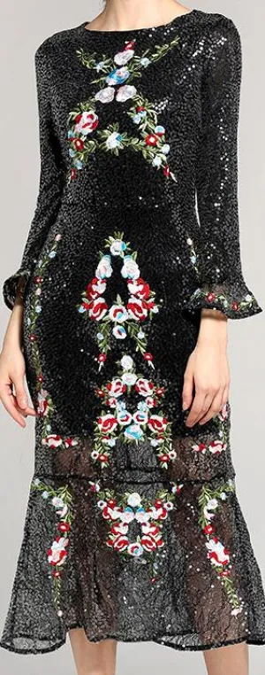Floral-Embroidered Embellished Midi Dress