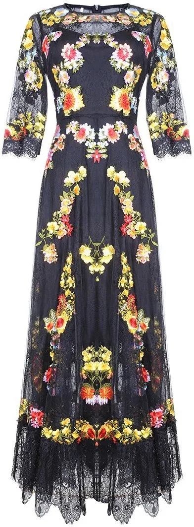 Floral-Embroidered Mesh and Lace Dress