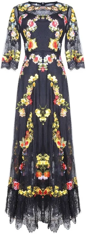 Floral-Embroidered Mesh and Lace Dress