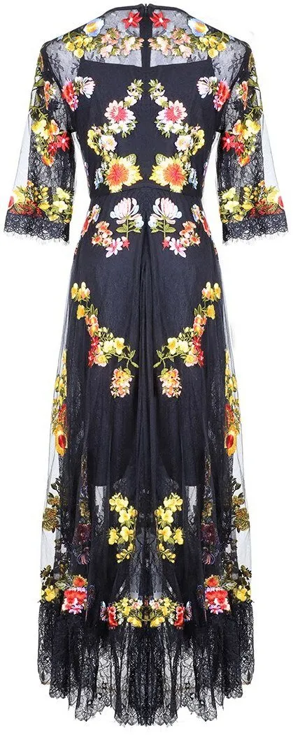 Floral-Embroidered Mesh and Lace Dress
