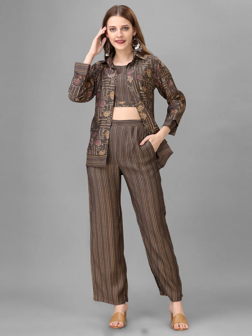Floral Printed Blazer Top With Pant Three-Piece Set