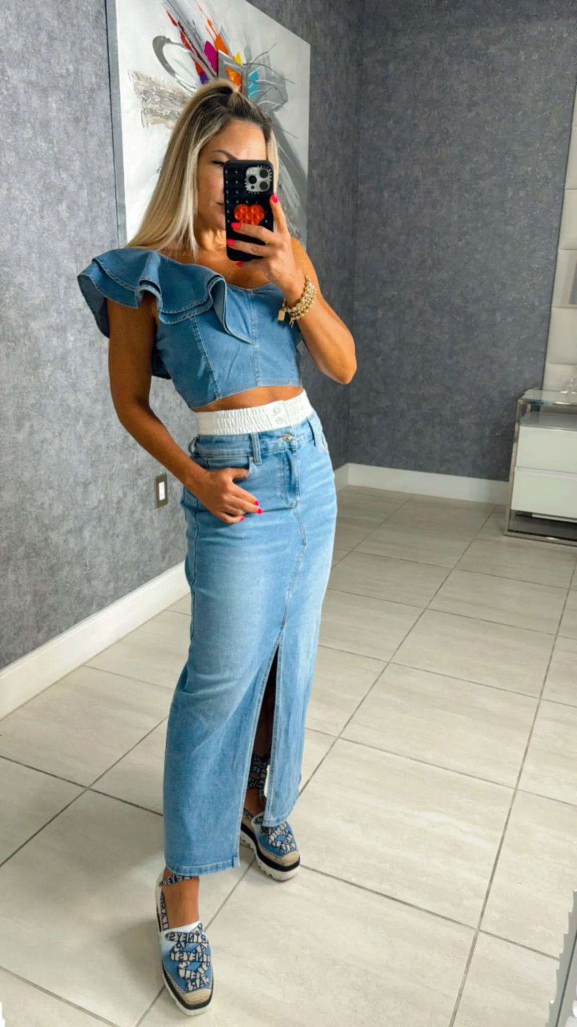 G442 Double waist denim maxi skirt