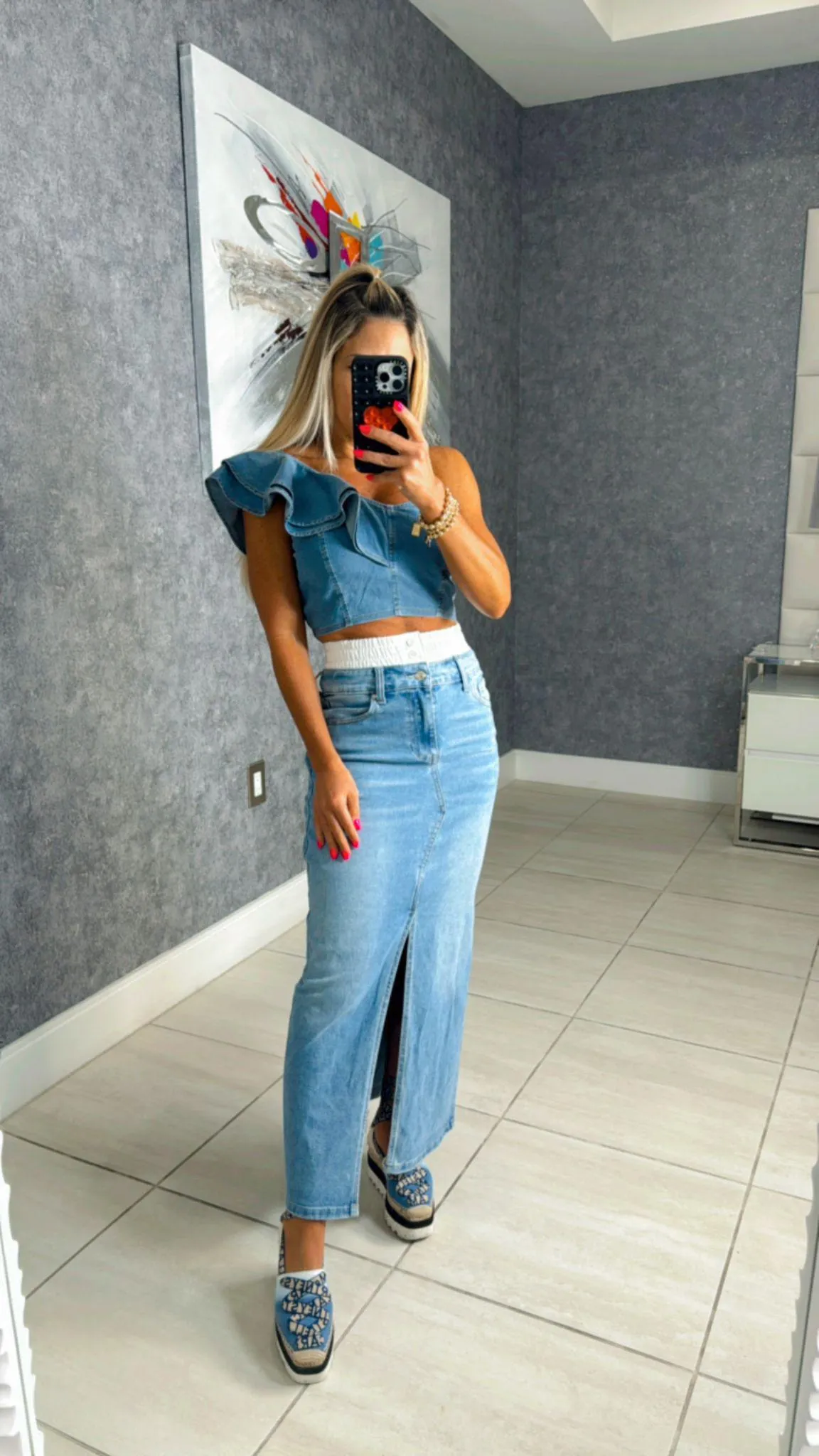 G442 Double waist denim maxi skirt