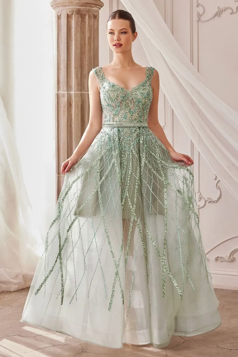 Gemma Jewel Beaded Sequin Sheer Embroidered Bodice Long Prom Dress CDA1091