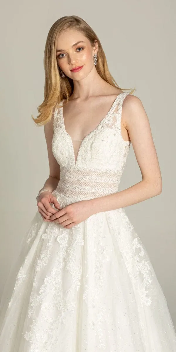 Glitter Embroidered Plunging Box Pleat Tulle Ballgown