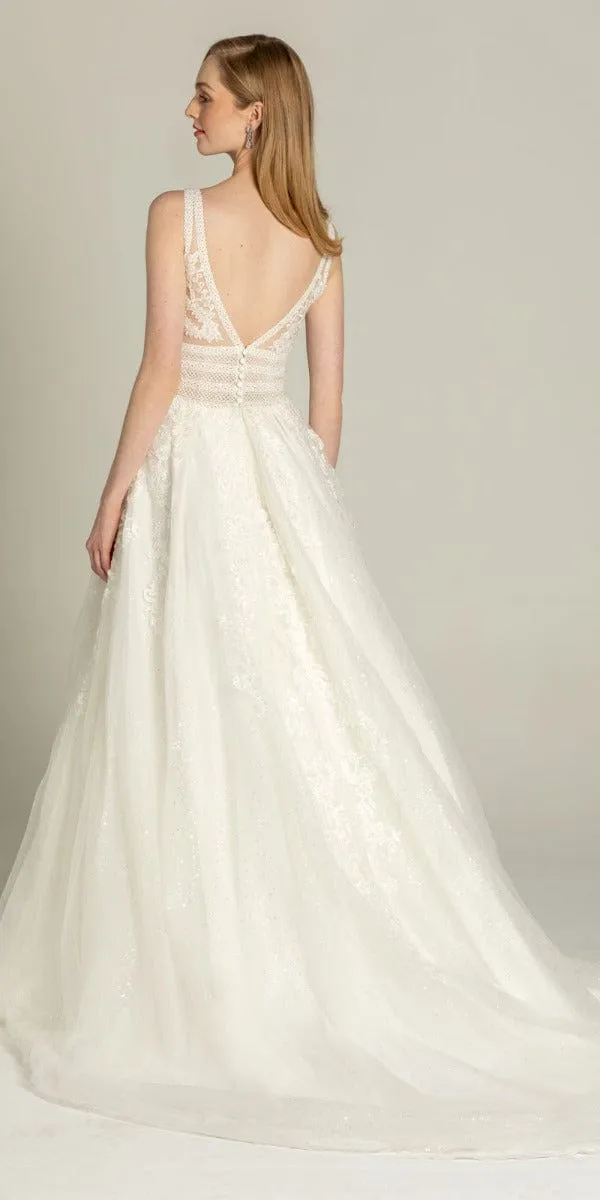 Glitter Embroidered Plunging Box Pleat Tulle Ballgown