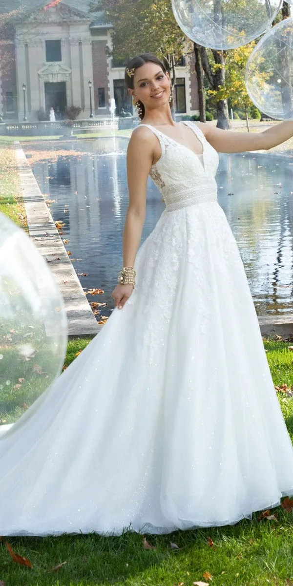 Glitter Embroidered Plunging Box Pleat Tulle Ballgown