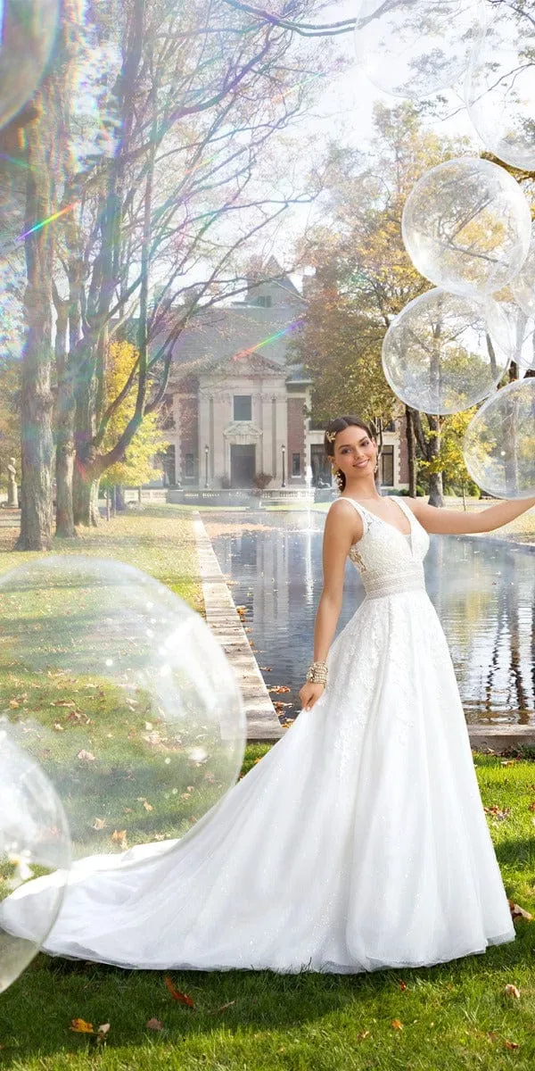 Glitter Embroidered Plunging Box Pleat Tulle Ballgown