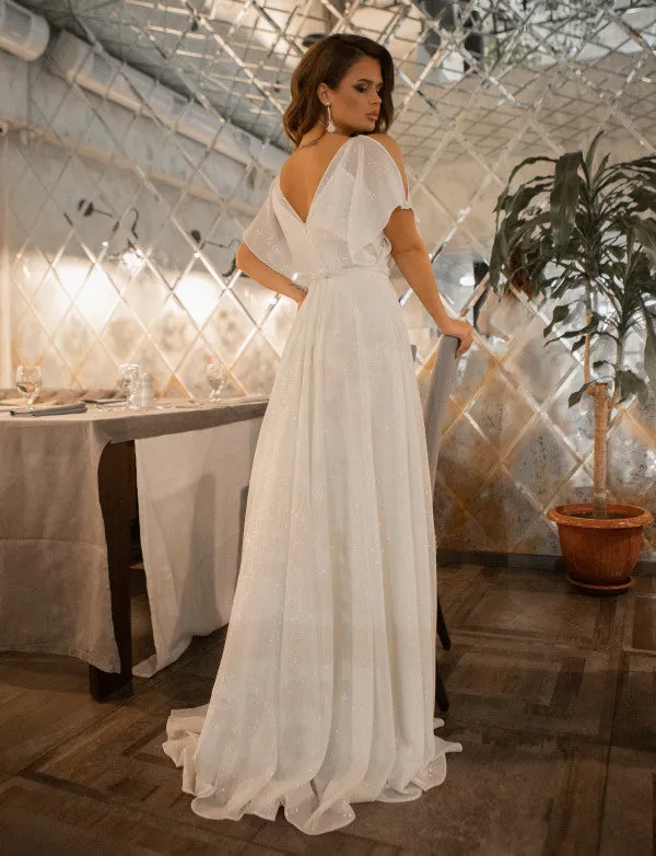 Glitter Tulle Prom Dress Cap Sleeves Evening Gowns