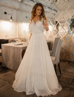 Glitter Tulle Prom Dress Cap Sleeves Evening Gowns