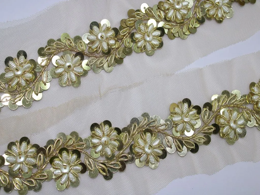 Golden Floral Zari and Sequins Work Embroidered Border