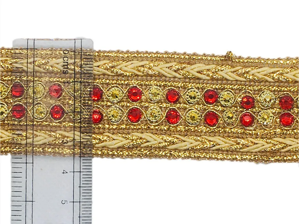 Golden Red Stone and Thread Work Embroidered Border
