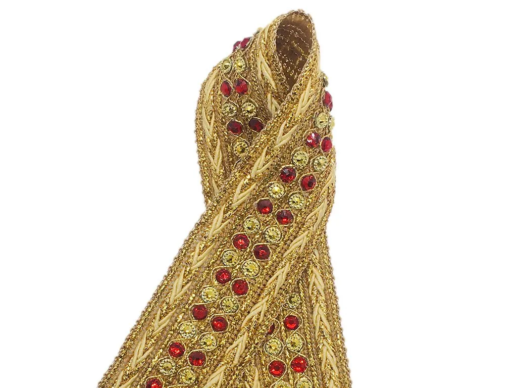 Golden Red Stone and Thread Work Embroidered Border