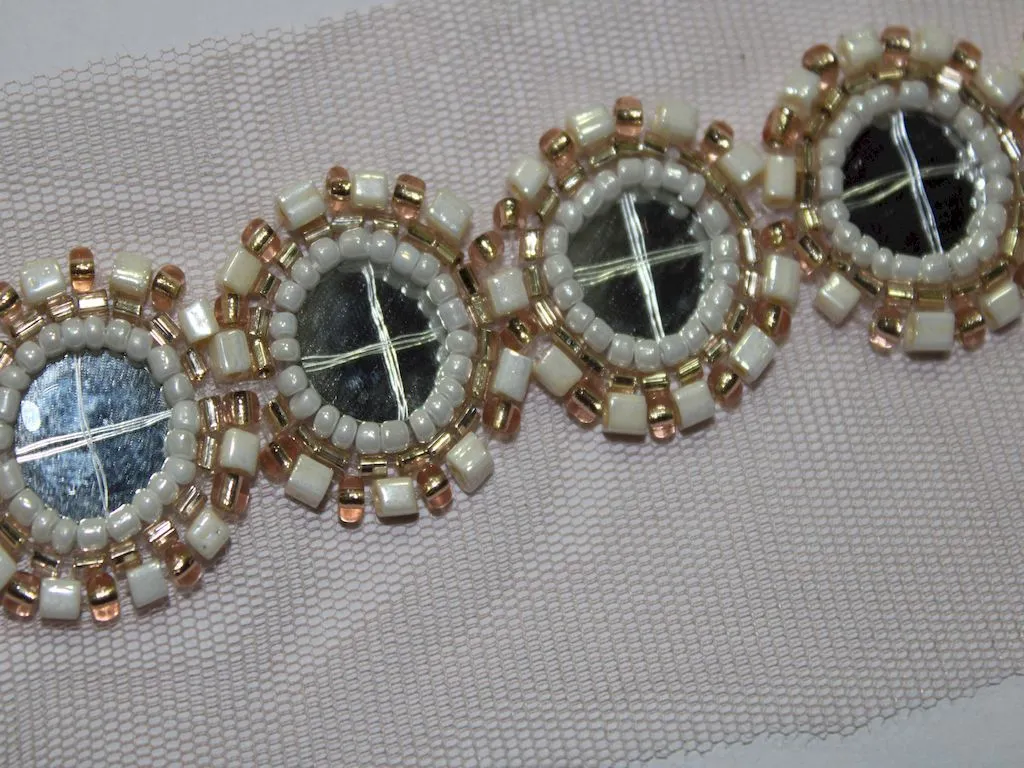Golden White Fancy Pearl and Mirror Work Embroidered Border