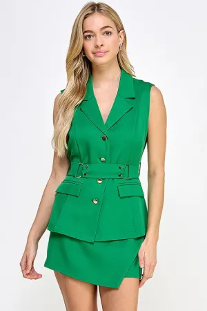 Green Blazer Vest and Mini Skort Set with Belt