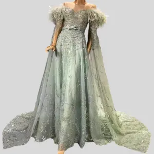 Green Capes Sleeves Luxury Feather Evening Dresses Gowns