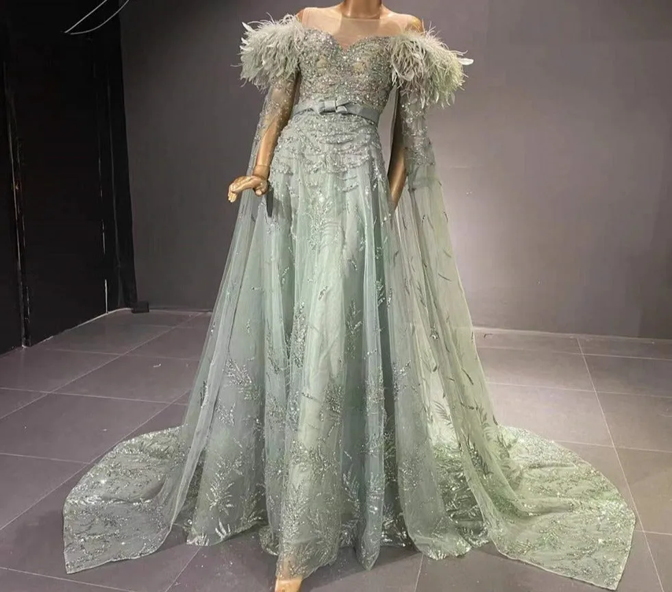 Green Capes Sleeves Luxury Feather Evening Dresses Gowns