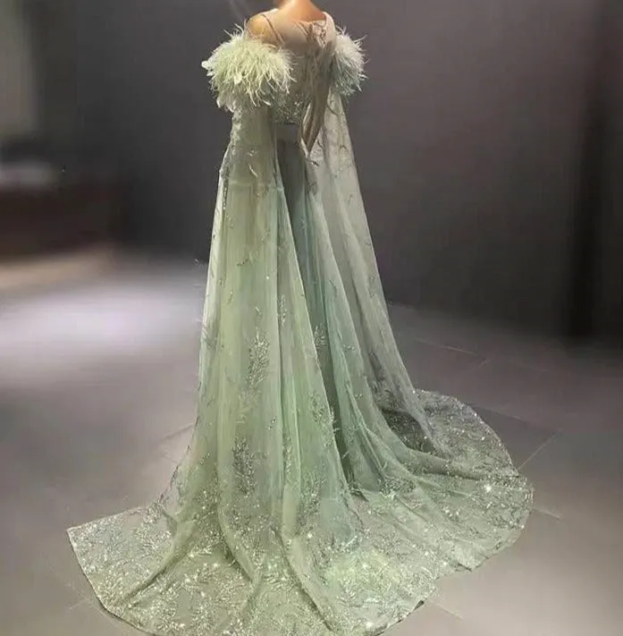 Green Capes Sleeves Luxury Feather Evening Dresses Gowns
