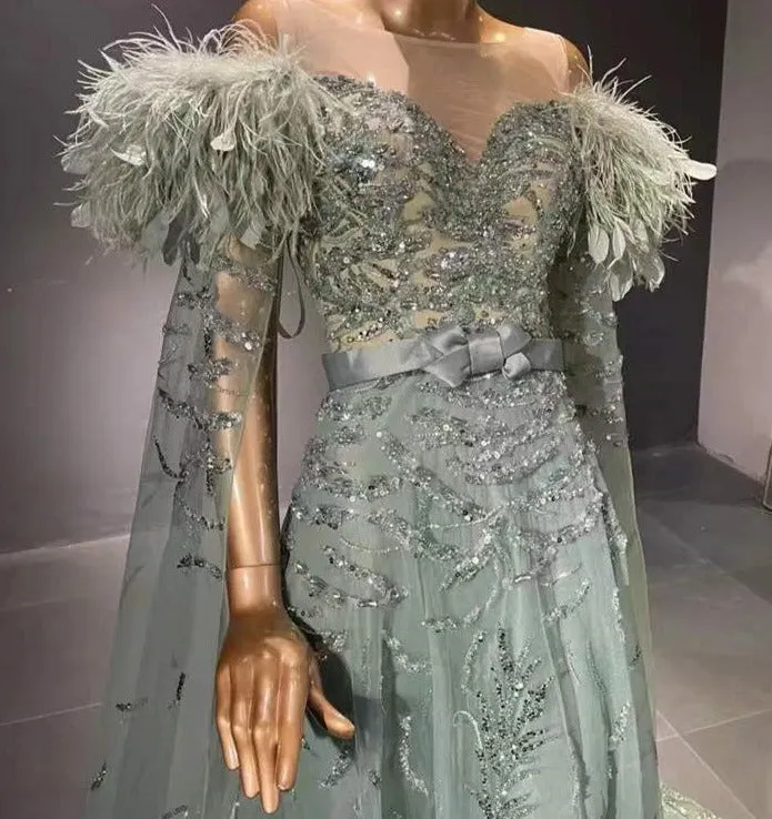 Green Capes Sleeves Luxury Feather Evening Dresses Gowns
