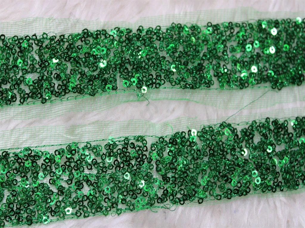 Green Fancy Sequins Work Trim Embroidered Borders