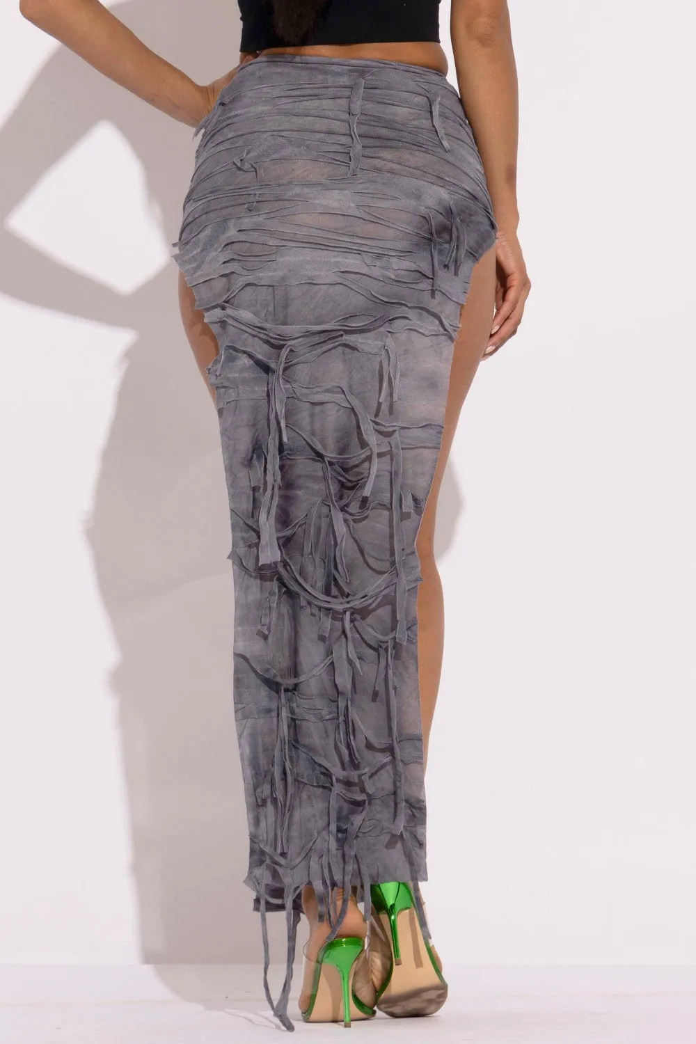 Grey Distressed Thigh Slit Long Skirt