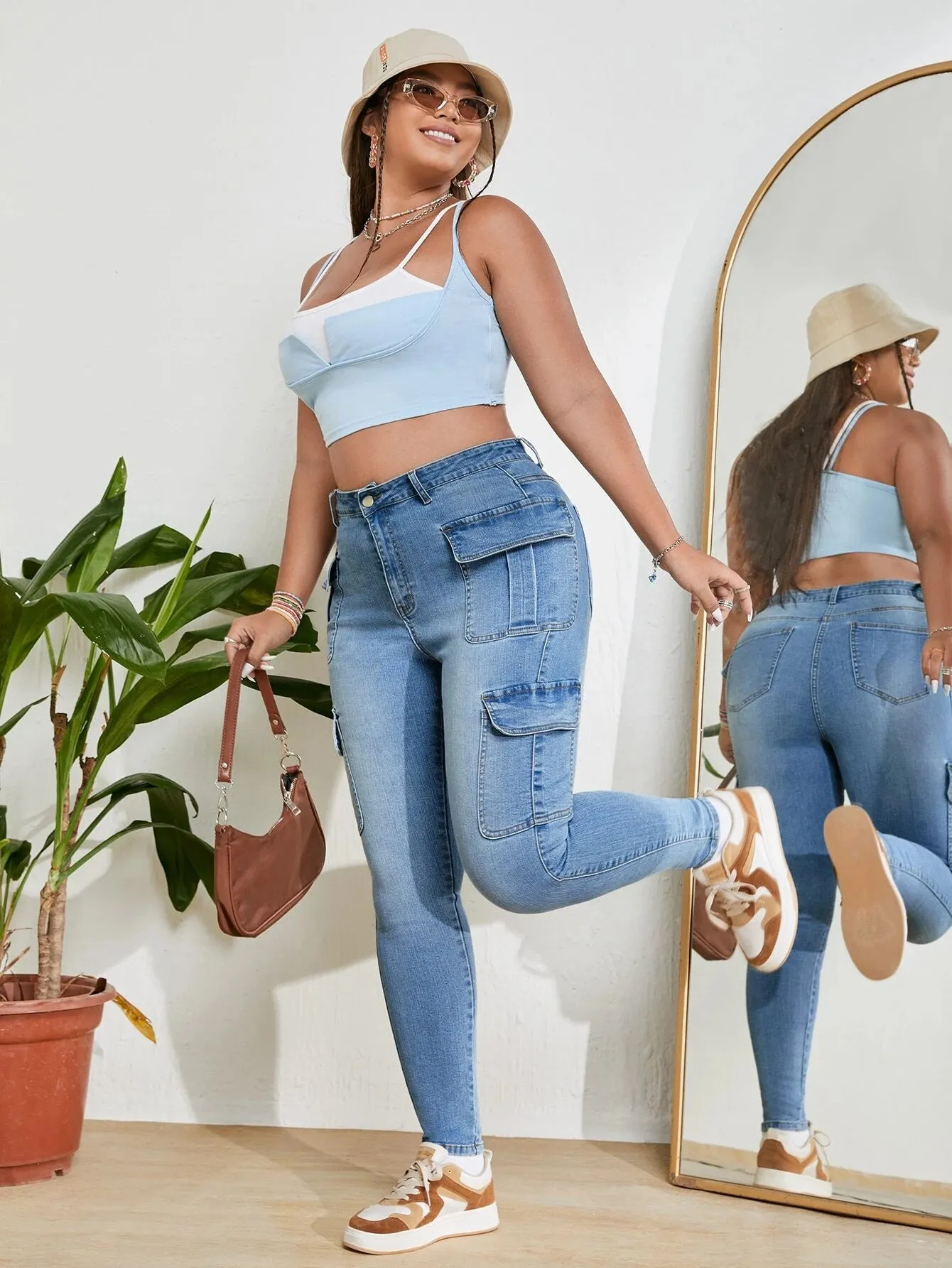 High Rise Jeans With Flap Pockets