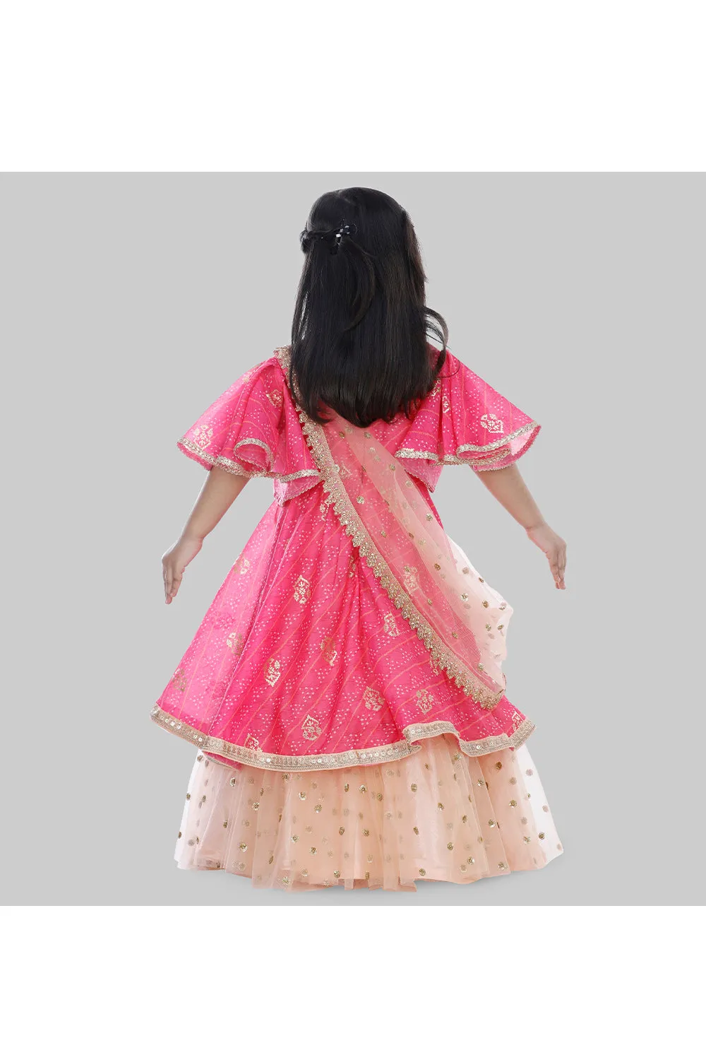 Hot pink bandhani printed layered anarkali with attached dupatta