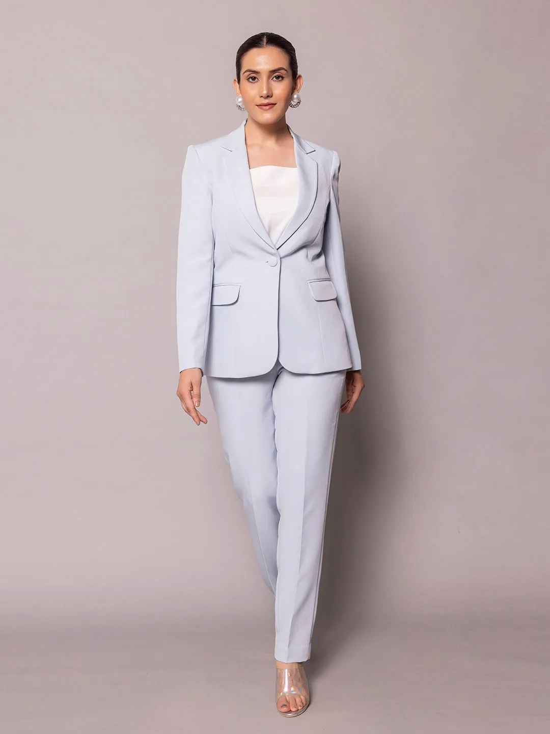 Ice Blue Notch Collar Stretch Pant Suit
