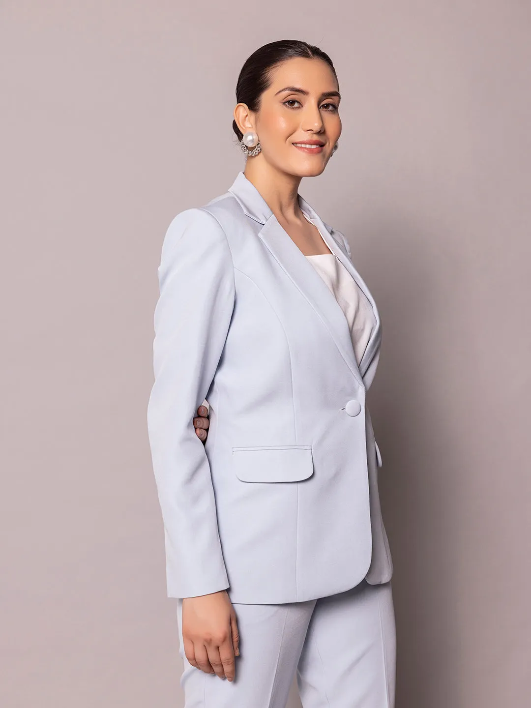 Ice Blue Notch Collar Stretch Pant Suit
