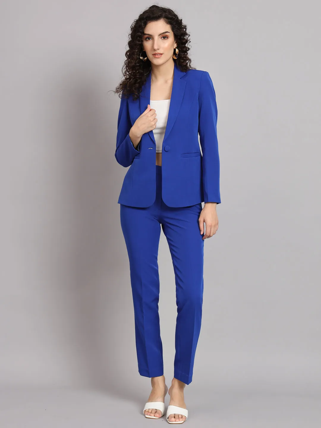 Ink Blue Polyester Notch Collar Stretch Pant Suit