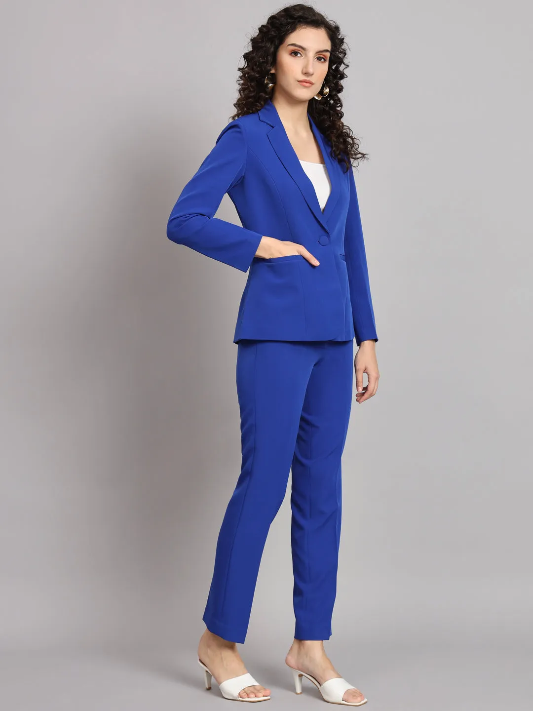 Ink Blue Polyester Notch Collar Stretch Pant Suit