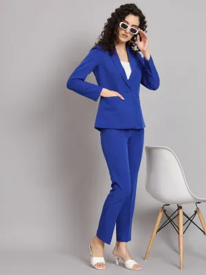 Ink Blue Polyester Notch Collar Stretch Pant Suit