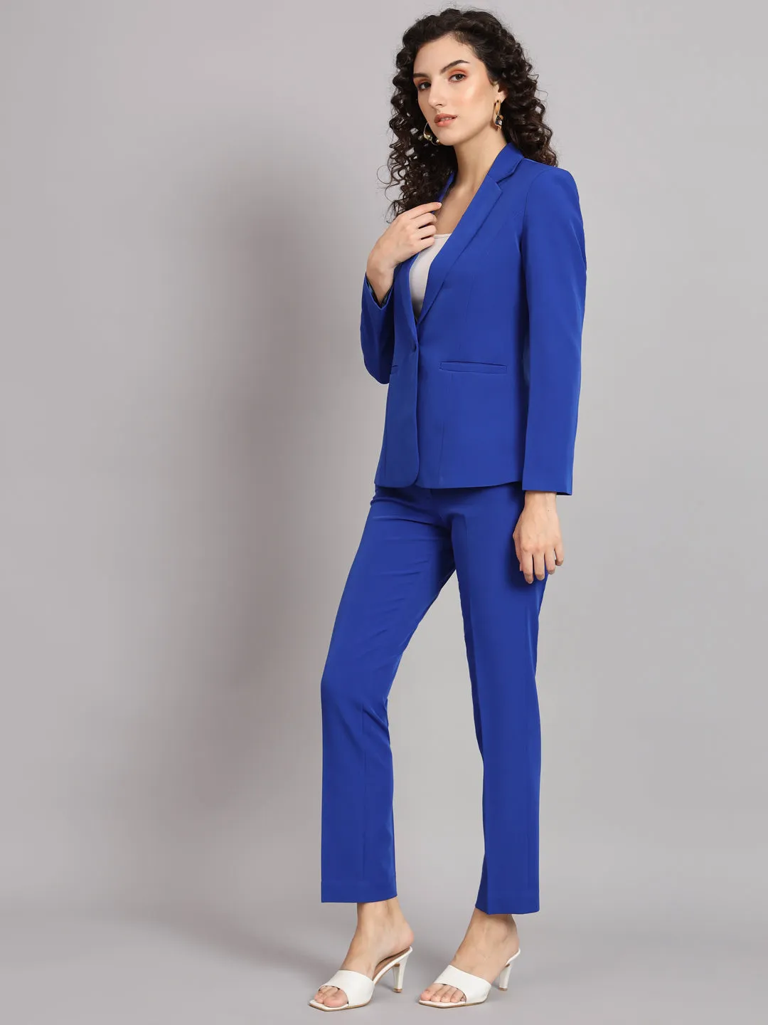 Ink Blue Polyester Notch Collar Stretch Pant Suit
