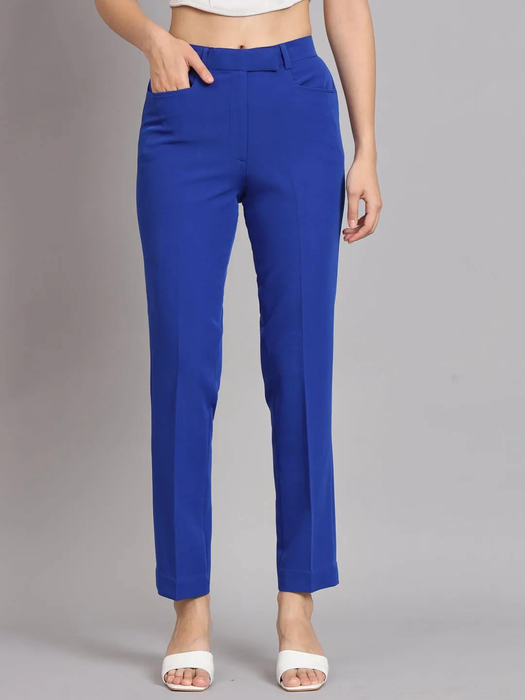 Ink Blue Polyester Notch Collar Stretch Pant Suit