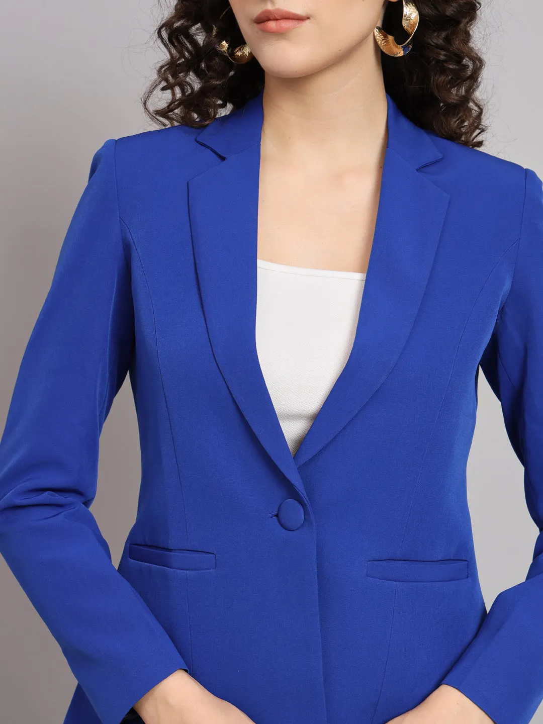 Ink Blue Polyester Notch Collar Stretch Pant Suit