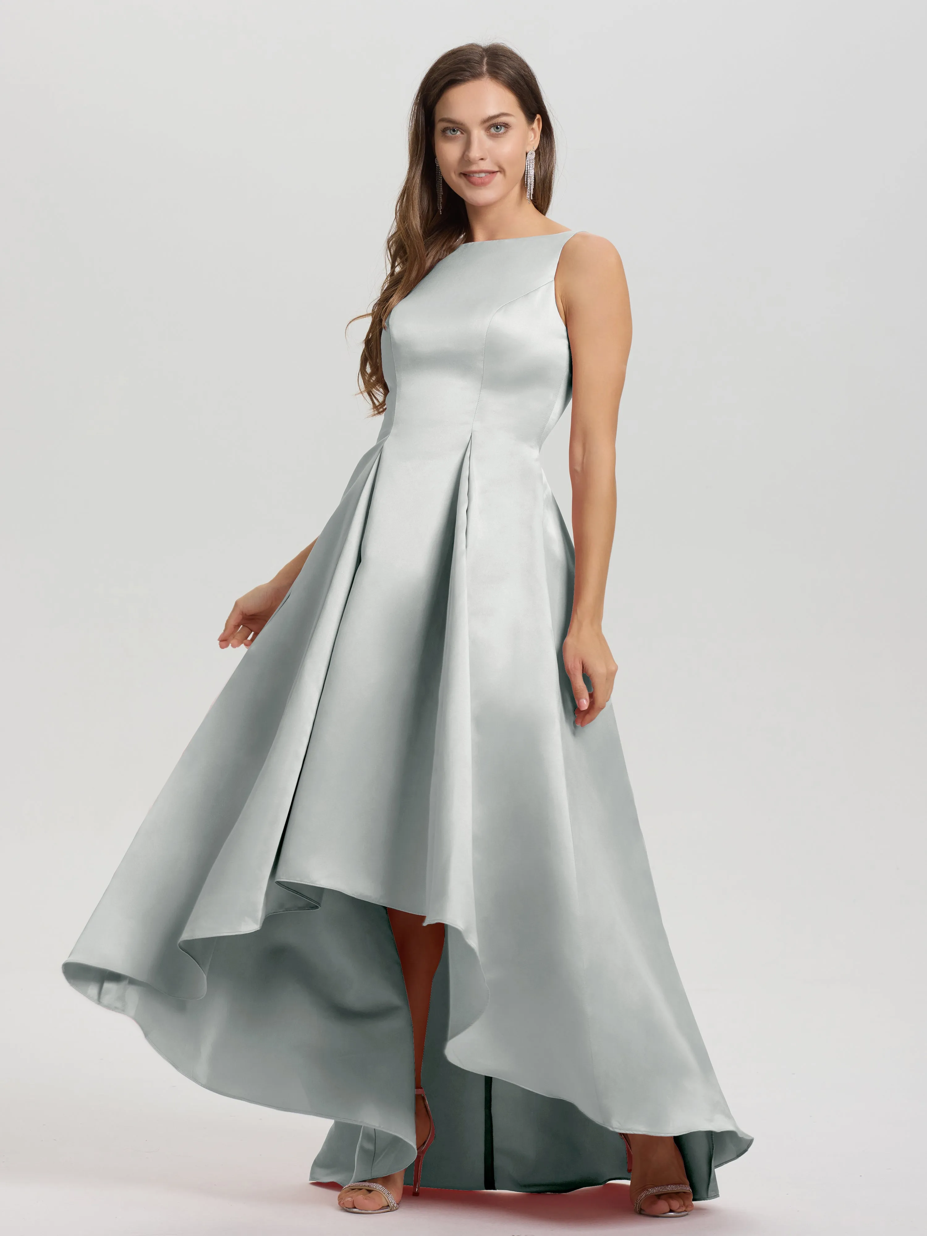 Jewel Sleeveless V-Back Long Satin Bridesmaid Dresses