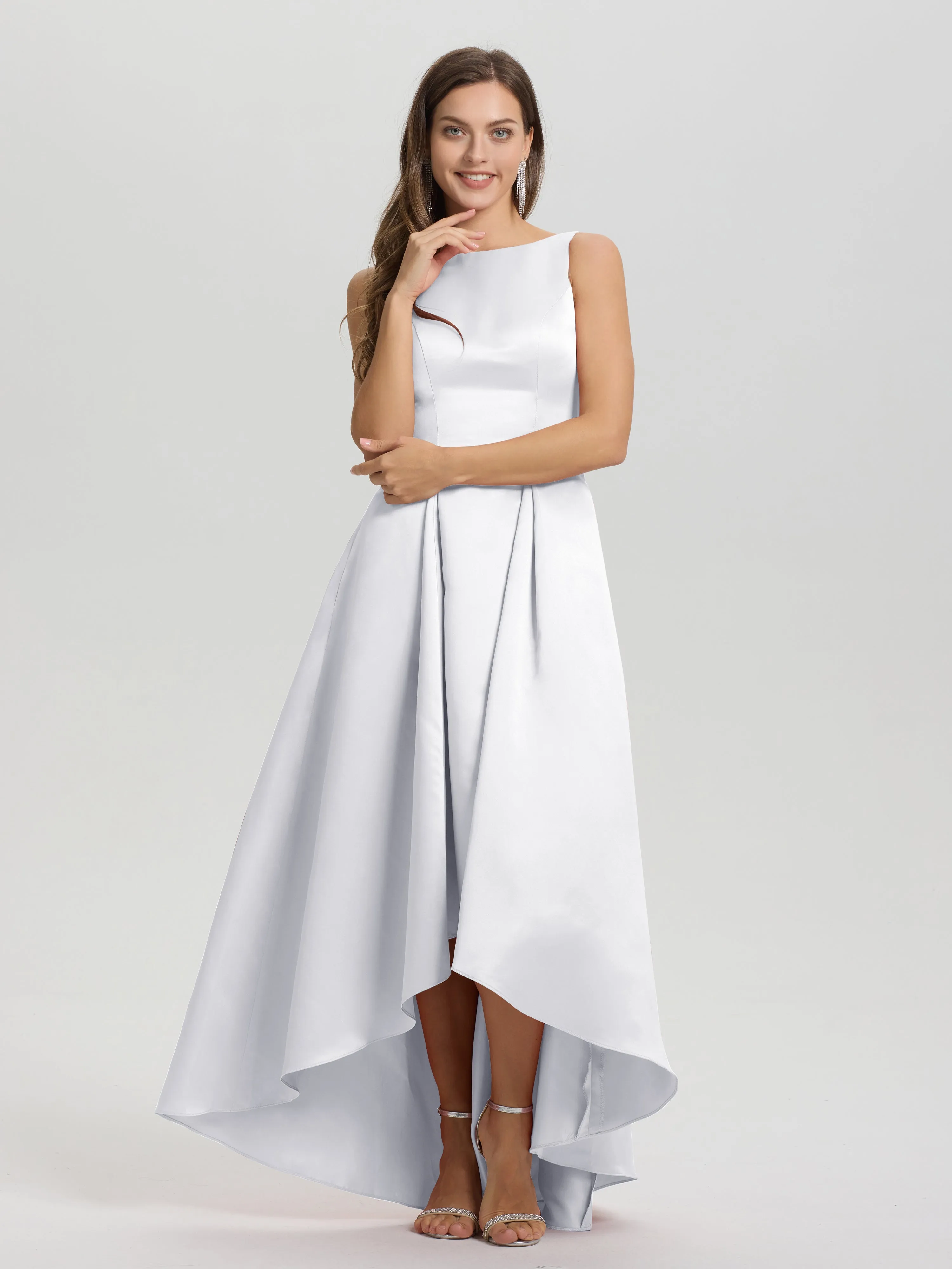 Jewel Sleeveless V-Back Long Satin Bridesmaid Dresses