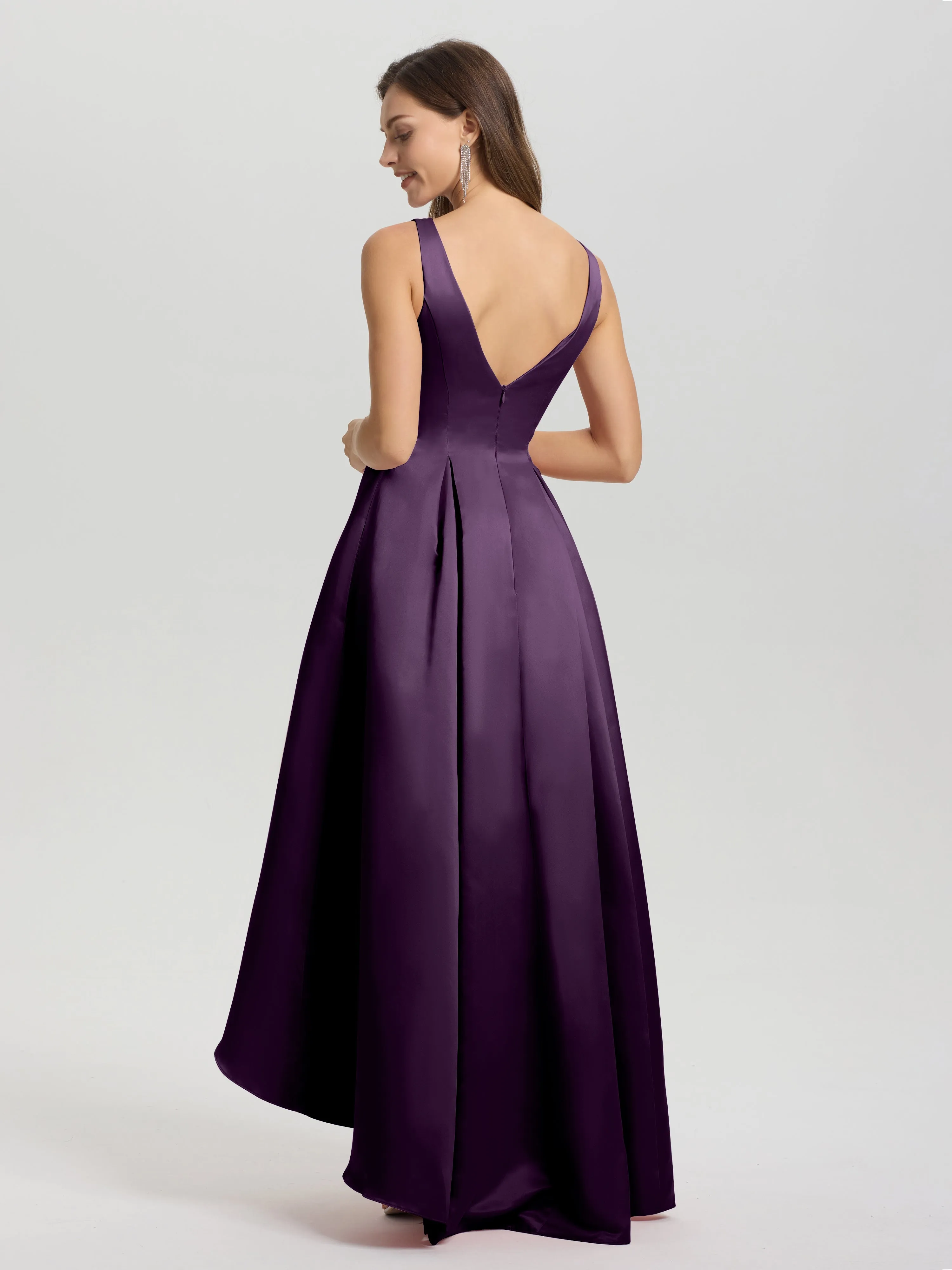 Jewel Sleeveless V-Back Long Satin Bridesmaid Dresses