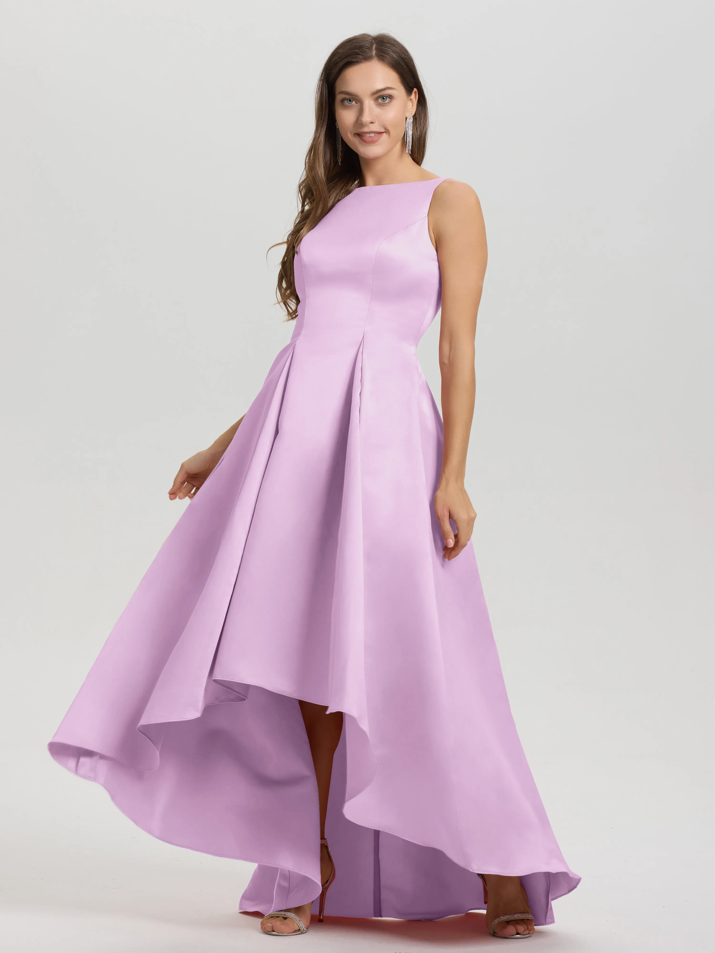 Jewel Sleeveless V-Back Long Satin Bridesmaid Dresses