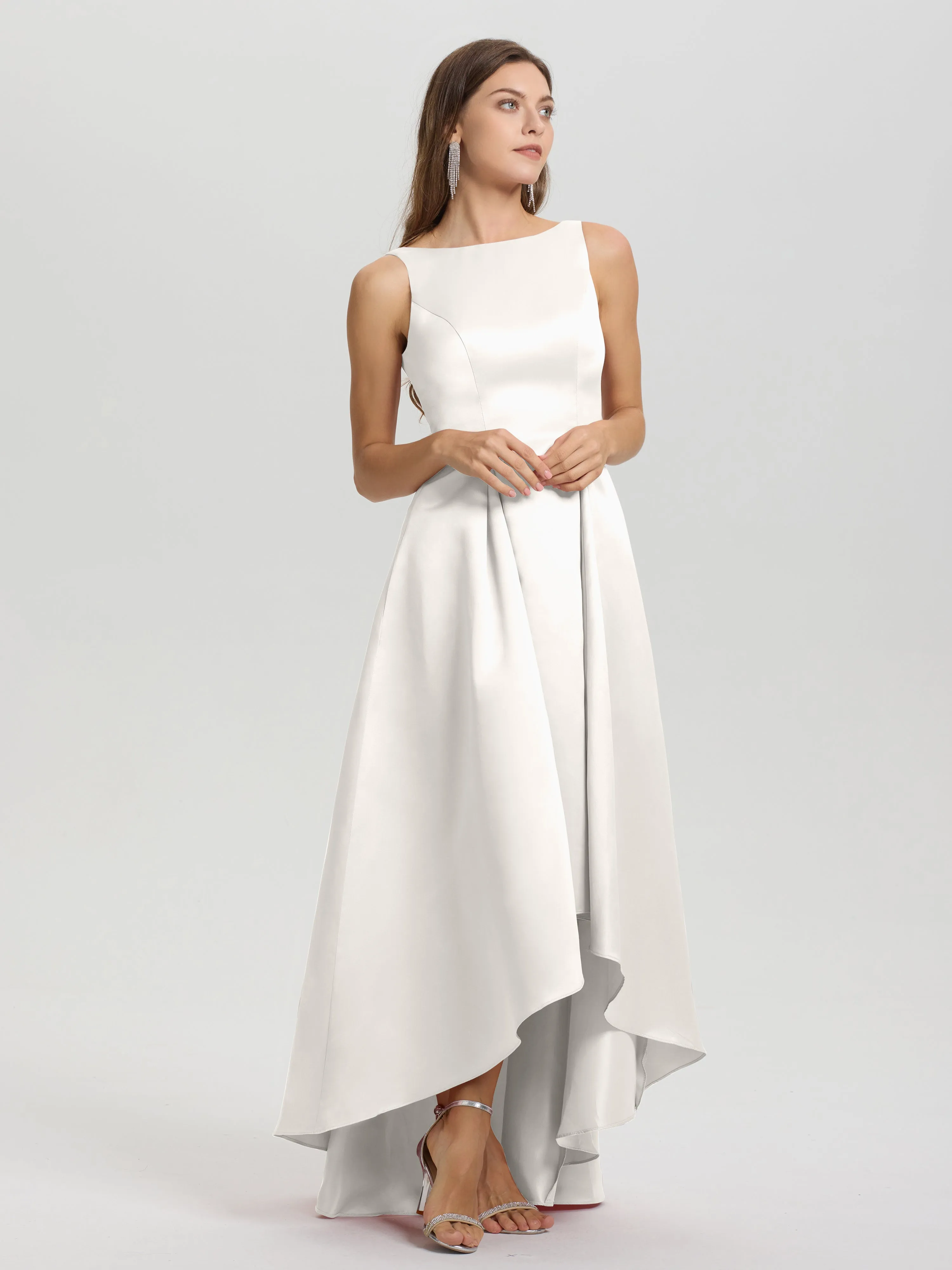 Jewel Sleeveless V-Back Long Satin Bridesmaid Dresses