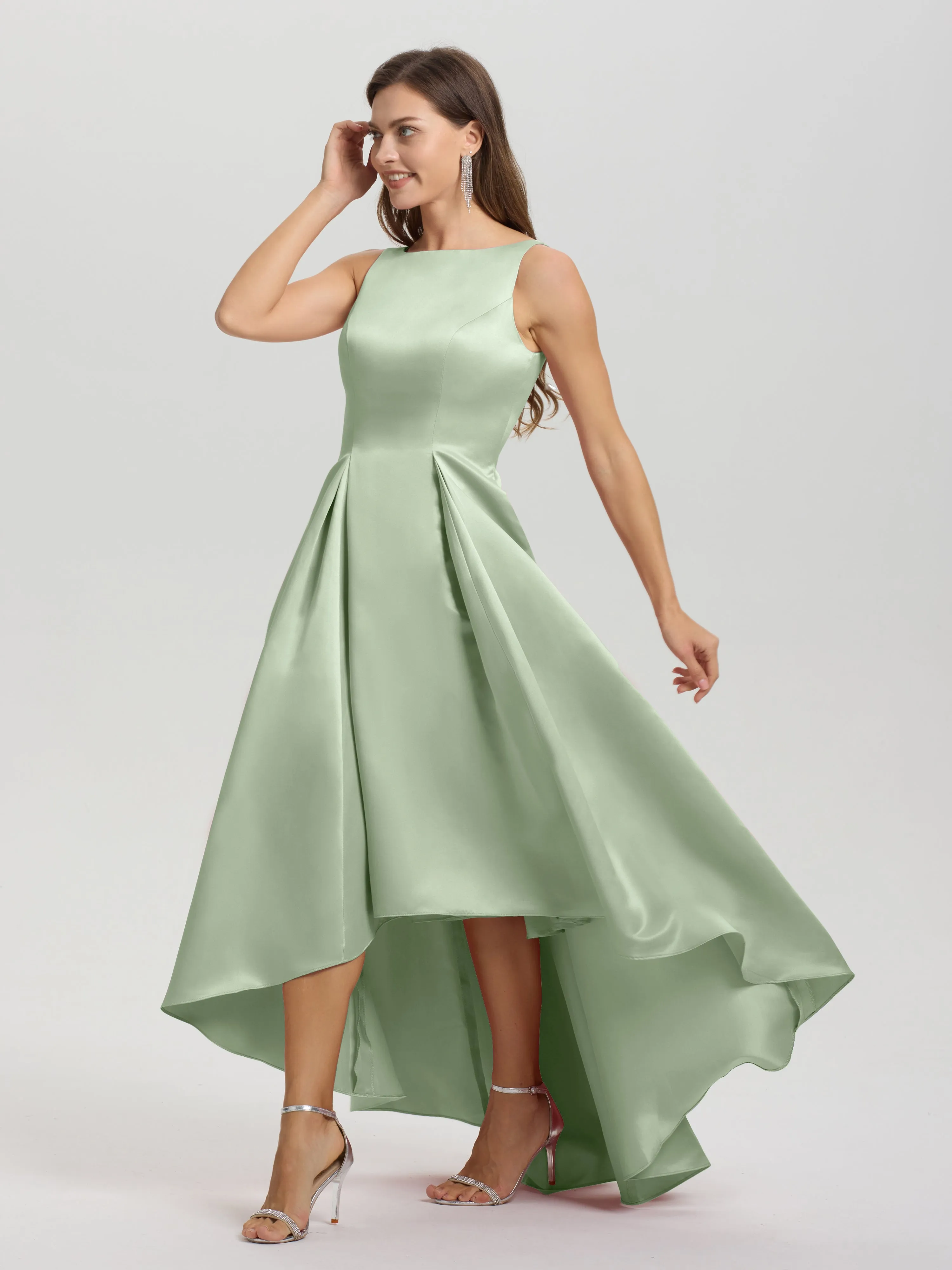 Jewel Sleeveless V-Back Long Satin Bridesmaid Dresses