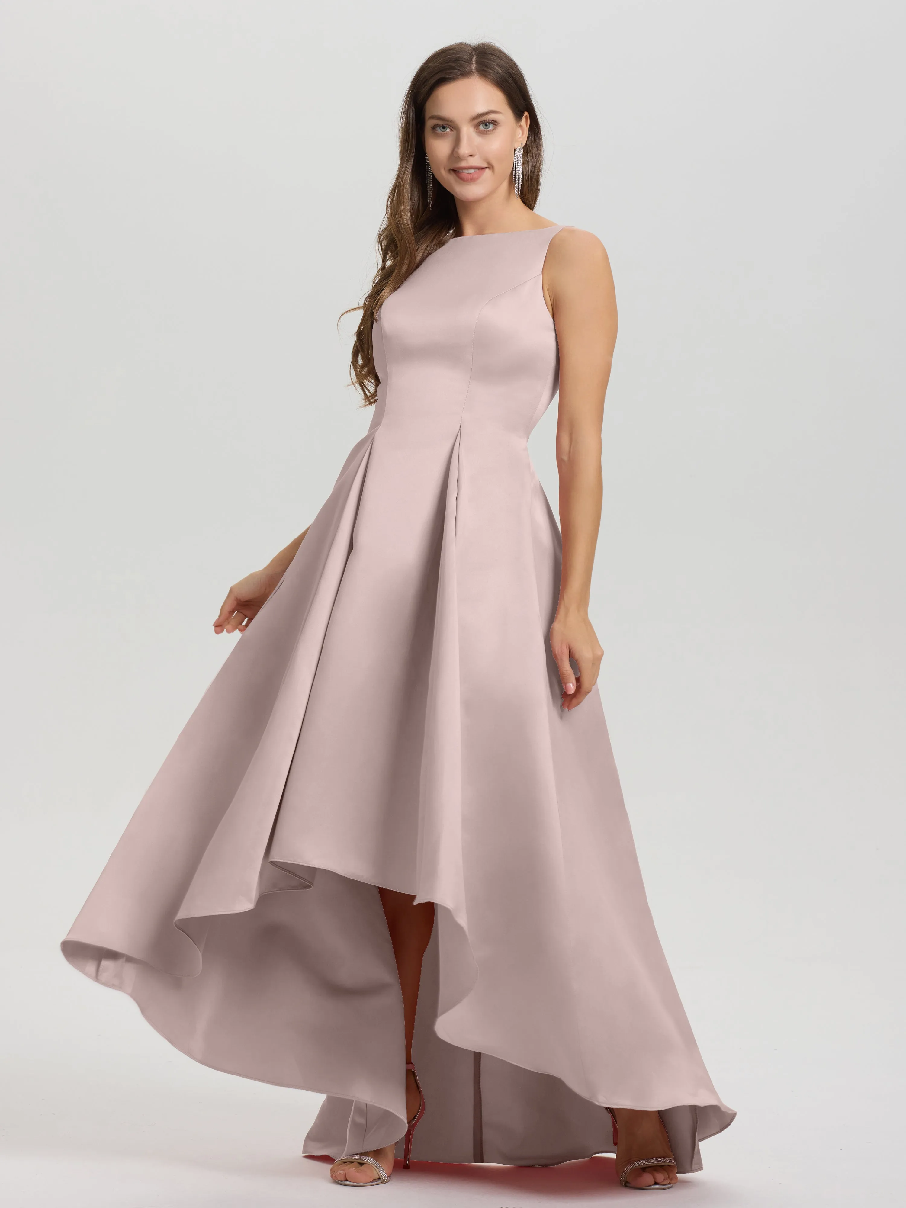 Jewel Sleeveless V-Back Long Satin Bridesmaid Dresses