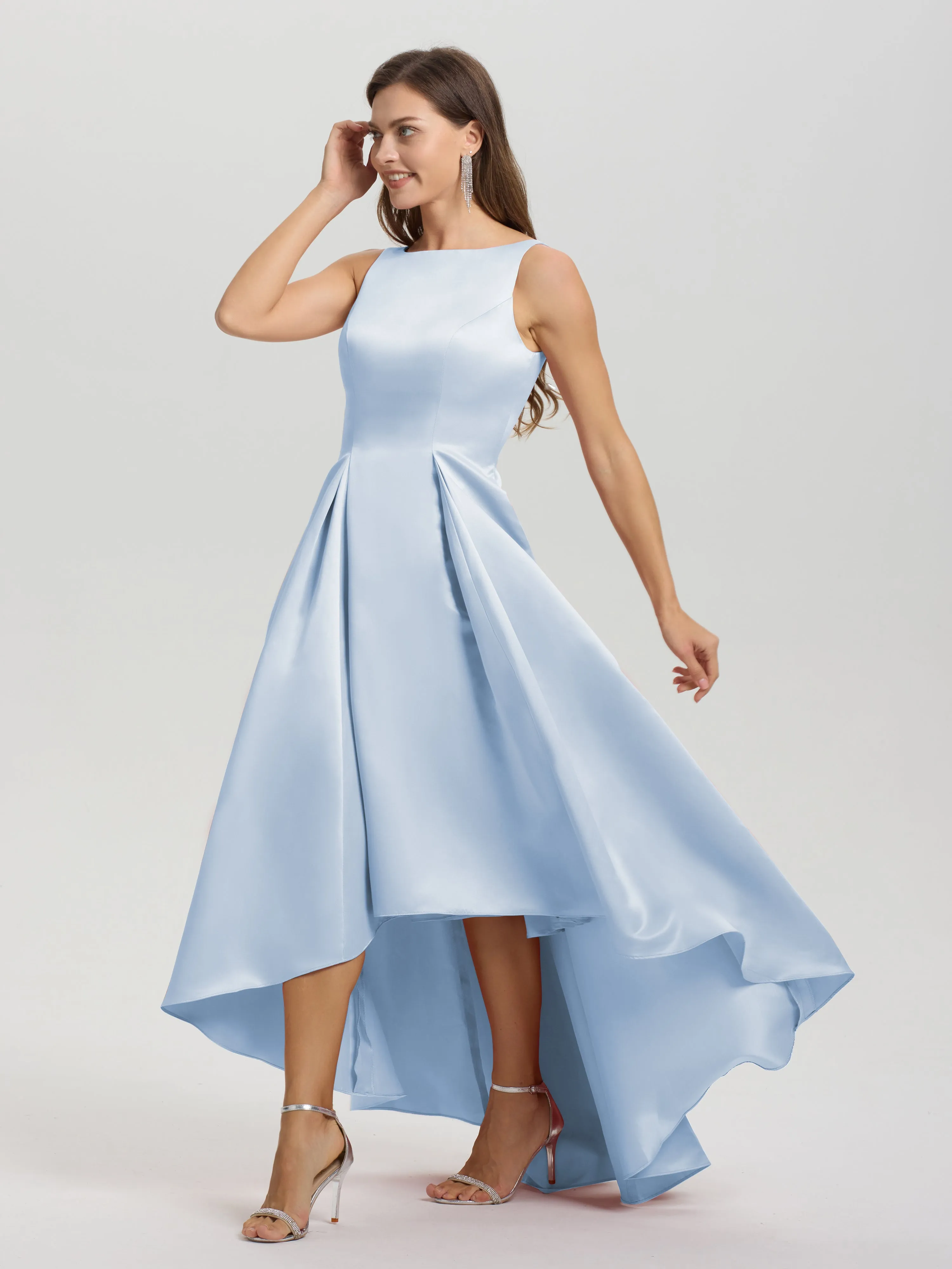 Jewel Sleeveless V-Back Long Satin Bridesmaid Dresses
