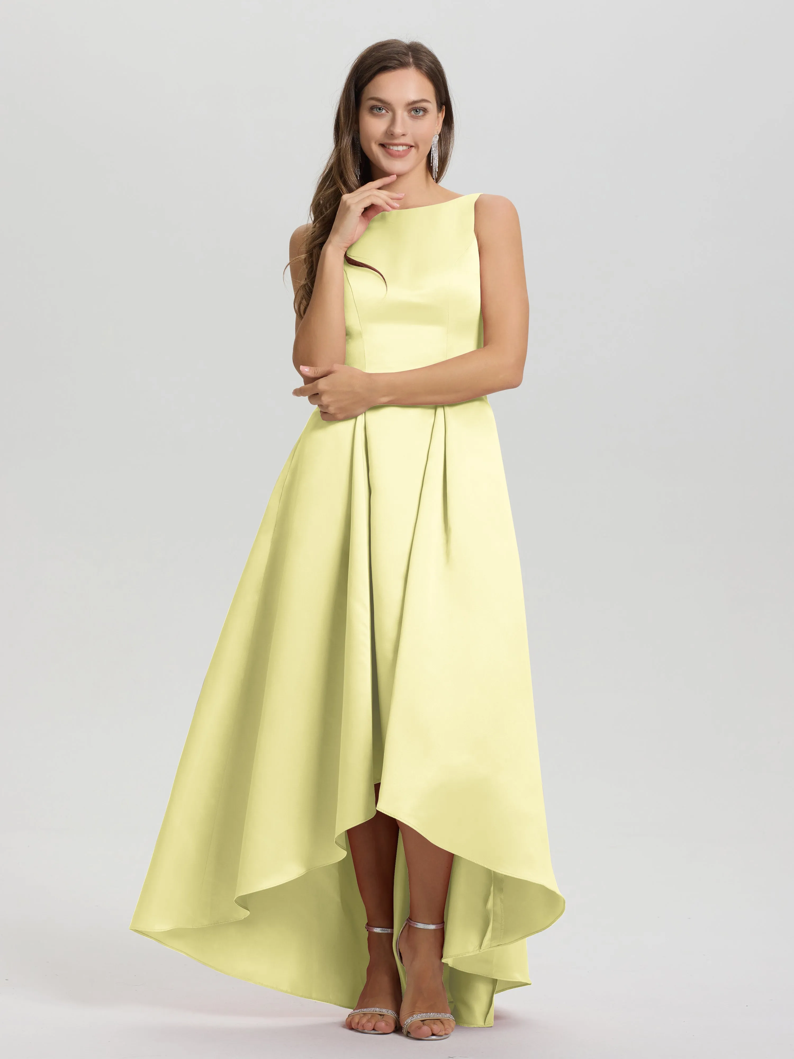 Jewel Sleeveless V-Back Long Satin Bridesmaid Dresses
