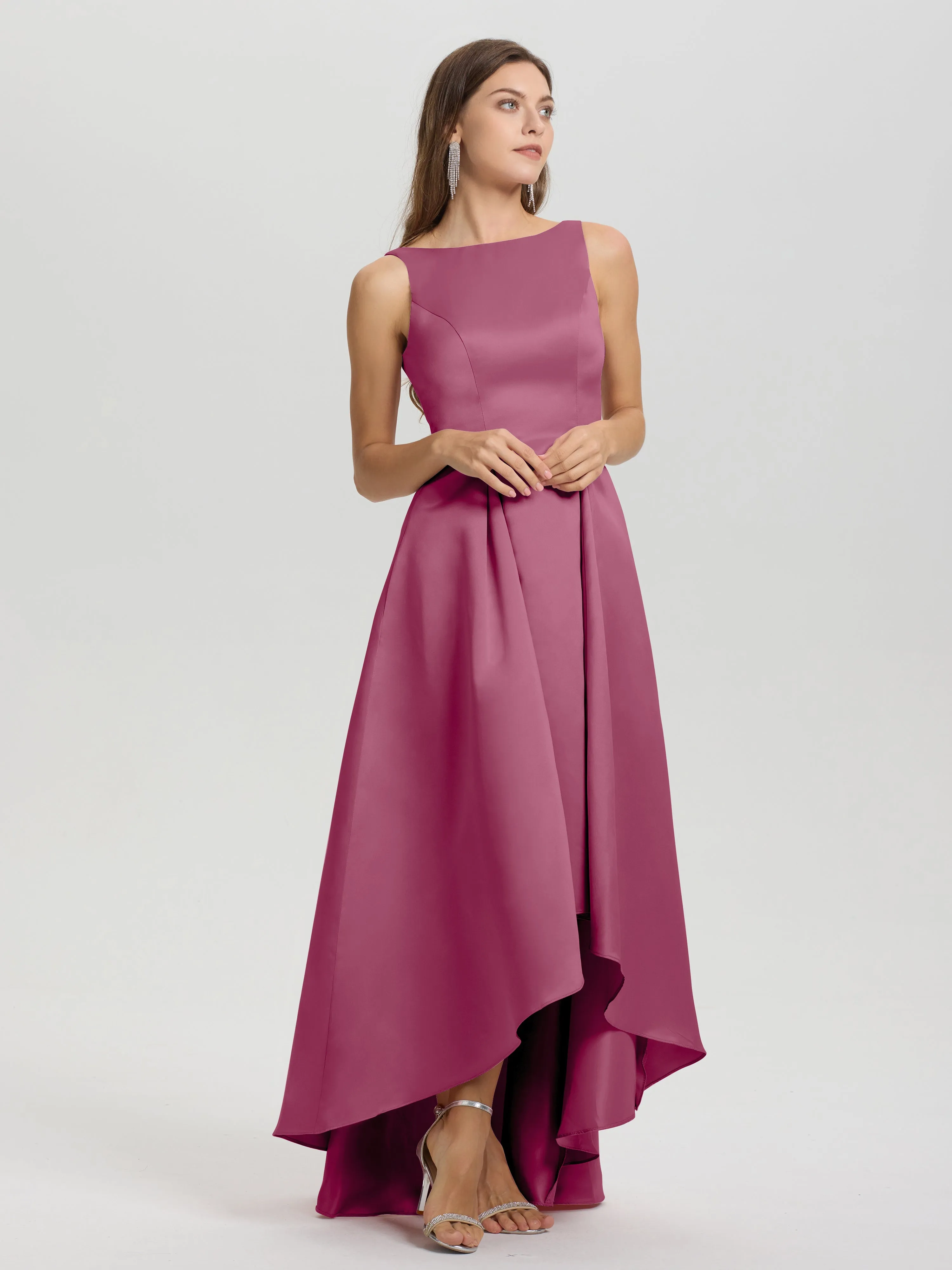 Jewel Sleeveless V-Back Long Satin Bridesmaid Dresses